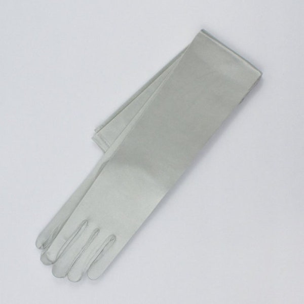 22", 18", 14" or 9" Silver Stretch Satin Gloves, Classic Adult Size Opera Length Stretch Gloves, Silver Bridal Evening gloves