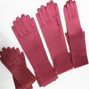 22&quot;,18&quot;, 15&quot; or 9&quot; Burgundy Stretch Satin Gloves, Classic Adult size Opera Length Stretch Gloves, Bridal gloves, Evening gloves