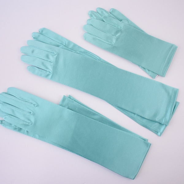 22', 18", 14 1/2" or 8 1/2" Aqua Blue Stretch Satin gloves / Bridal gloves / long full finger Wedding gloves / Evening gloves / Opera Gloves