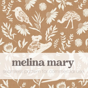 Australiana Flora and Fauna on Desert Desert Sand Brown, Koala, Emu, Kookaburra, Kangaroo Seamless Repeat Pattern Tile for Commercial Use