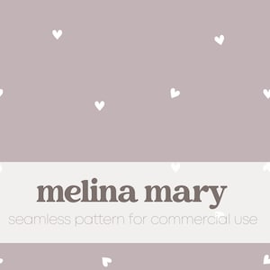 Puede incluir: Un patrón sin costuras con corazones blancos sobre un fondo morado claro. El texto "melina mary" y "seamless pattern for commercial use" se muestra en un rectángulo blanco.