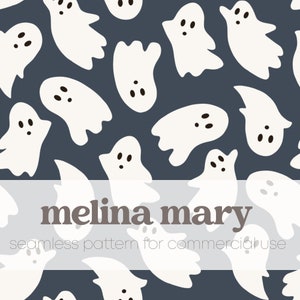 Cute Halloween Ghosts on Navy Grey Seamless Repeat Pattern for Commercial Use