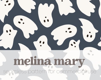 Cute Halloween Ghosts on Navy Grey Seamless Repeat Pattern for Commercial Use