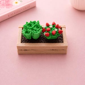 May include: A rectangular wooden-textured planter box containing two miniature plants. One plant is a textured green leafy shrub, and the other is a green plant featuring small white flowers and several bright red strawberry-shaped fruit pieces.