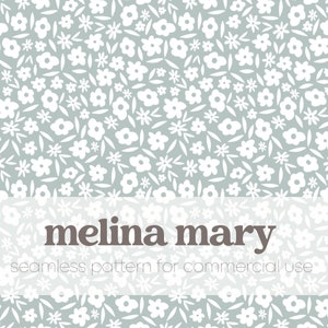 May include: A seamless pattern featuring a repeating floral design in white against a muted teal background. The pattern includes various stylized flowers and leaves. The text "melina mary" and "seamless pattern for commercial use" are displayed.