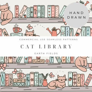 May include: An illustrated design of a cat library, with shelves of books, cats, coffee cups, and butterflies. The text includes "CAT LIBRARY" and "HAND DRAWN". The color scheme features soft pinks, greens, and browns, creating a charming aesthetic.