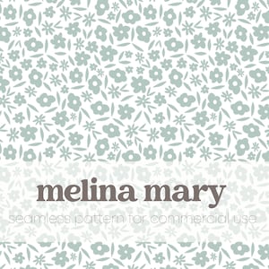 May include: A seamless pattern featuring a delicate floral design in shades of light blue-green on a white background. The pattern includes various flower and leaf shapes. The text "melina mary" and "seamless pattern for commercial use" is displayed.