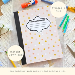 Puede incluir: Un cuaderno de composición con una cubierta de lunares rosas y una espina dorsal negra. El cuaderno tiene una etiqueta que dice "COMPOSITION BOOK". La imagen también incluye lápices, tijeras y el texto "Instant Download" y "Printable PNG".