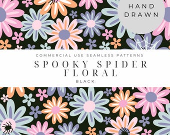 Pastel Halloween Spooky Spider Floral Flowers and Black Bright Pastel Daisies Seamless Repeat Pattern for Commercial Use