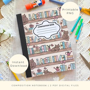 Könnte beinhalten: Notizbuch mit Katzen- und Bücherregal-Design. Das Cover zeigt Illustrationen von Büchern, Katzen und dekorativen Elementen. Das Notizbuch hat einen schwarzen Rücken und ein Etikett mit der Aufschrift "COMPOSITION BOOK".