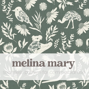 Australiana Flora and Fauna on Eucalyptus Green, Koala, Emu, Kookaburra, Kangaroo Seamless Repeat Pattern Tile for Commercial Use