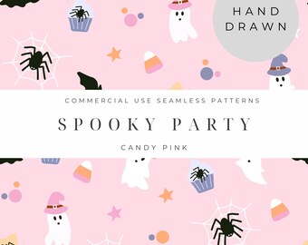 Pastel Halloween Spooky Party with Bats, Spiders, Ghosts and Candy on Candy Pink Seamless Repeat Pattern for Commercial Use