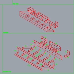 May include: Technical drawing of a metal structure with multiple components. The drawing is in blue and green lines on a grey background. The structure is made up of beams, brackets, and other metal parts. The drawing includes dimensions and other technical details.