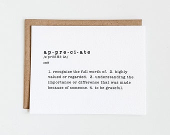 Appreciate Definition Card / Thank You Card for Someone You Appreciate / available in a variety of quantities