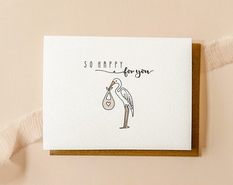 So Happy for You, Stork Baby Card / New baby card / Pregnancy card /  Available in variety of quantities.