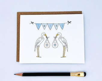 Twin Boys Stork Card: Baby Boy Congratulations Card