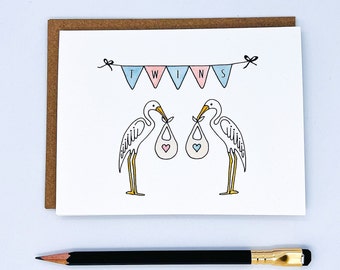 Twin Boy Girl Stork Card. Card for twins.