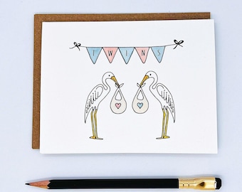 Twin Boy Girl Stork Card. Card for twins.