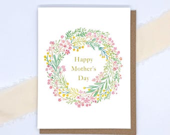 Happy Mother's Day in spring wreath, folded notecard blank inside