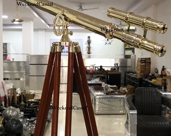 60" Nautical Brass Floor Standing Double Barrel Telescope with Tripod Vintage Marine Adjustable Telescope Navy Instrument Maritime Gift