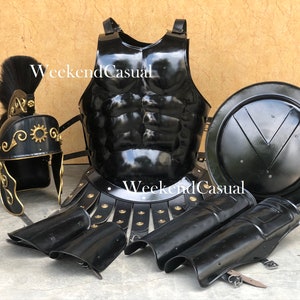 Medieval Roman Black Muscle Armor Cuirass Set With Leg & Arm Guard, Roman Helmet With Shield