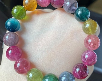 11mm Rare High Grade Genuine Multicolor Rainbow Tourmaline Beads Bracelet,High Quality beads bracelet,Natural Tourmaline bracelet