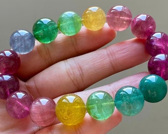 13mm Rare Genuine Rainbow Tourmaline Beads Bracelet,High Quality beads bracelet,Natural Tourmaline bracelet