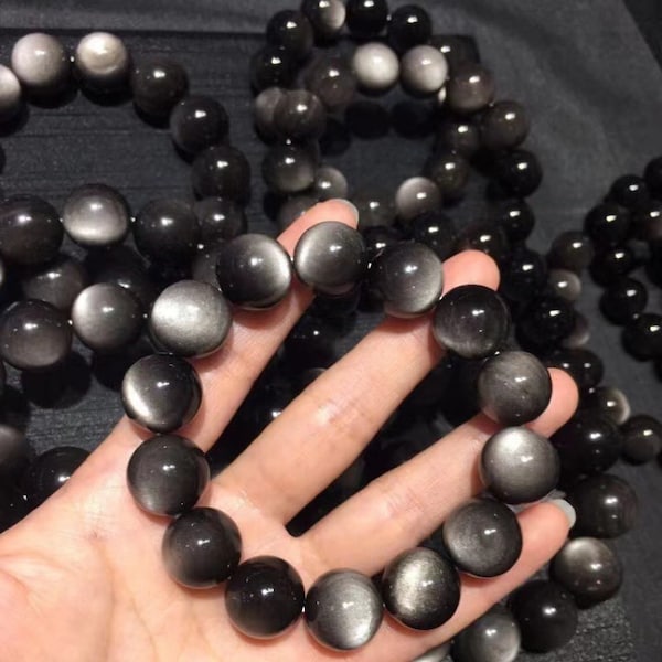 6-20mm High Quality Genuine Natural Sliver Black Obsidian Beaded bracelet,Jewelry gifts,healing bracelet,energy bracelet,Big size beads
