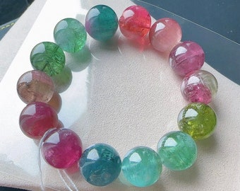 13.5mm Rare High Grade Genuine Multicolor Rainbow Tourmaline Beads Bracelet,High Quality beads bracelet,Natural Tourmaline bracelet