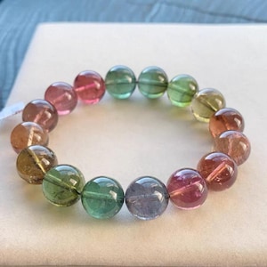 Pulsera de cuentas de turmalina arcoíris auténtica certificada de 12,2 mm, regalo de joyería