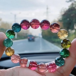 Pulsera de cuentas de turmalina de caramelo natural certificada de 12 mm, curación energética