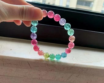 9.7MM Certified Genuine Rainbow Tourmaline Beaded Bracelet,crystal collection