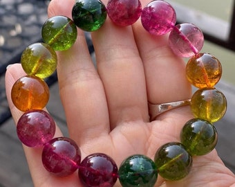 14mm Natural Genuine unique Rainbow tourmaline beaded Bracelet,high Quality tourmaline bracelet,gifts for her