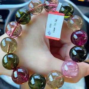 15mm Certified Ola Mine Natural Genuine multicolor tourmaline beaded Bracelet,high Quality tourmaline bracelet,gifts for her
