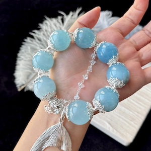 19mm Rare Natural Genuine Blue aquamarine beaded bracelet, Unique jewelry gift, Large size aquamarine bracelet