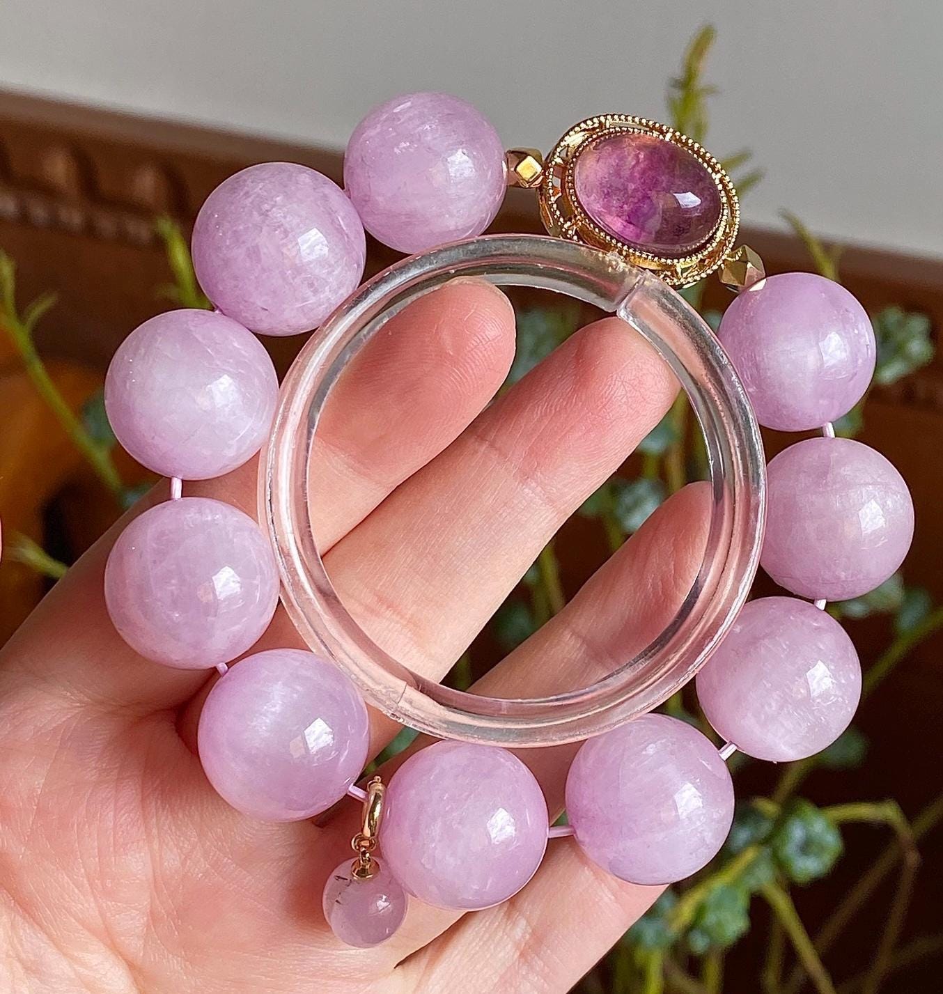 16 mm 天然パープル クンツァイト ビーズ ブレスレット、ハンドメイド