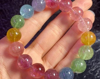 12mm Certified Genuine Rainbow Tourmaline Beaded Bracelet
