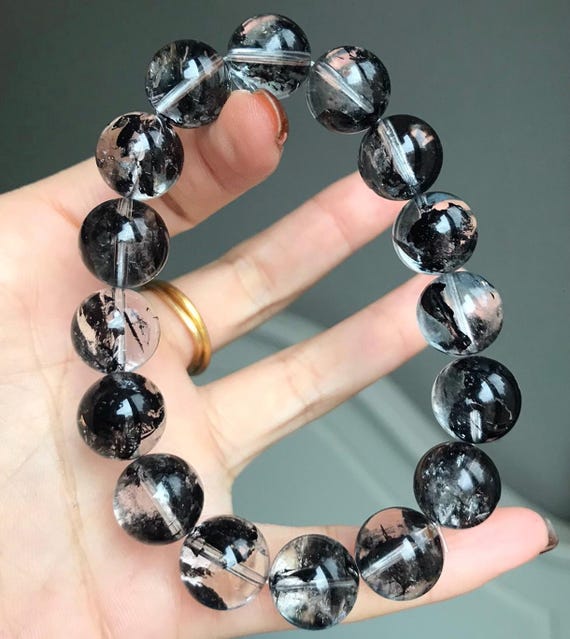 アクセサリー bororo Diamond Quartz Bracelet Natural Black Herkimer Diamond Quartz Beaded Bracelet (12mm