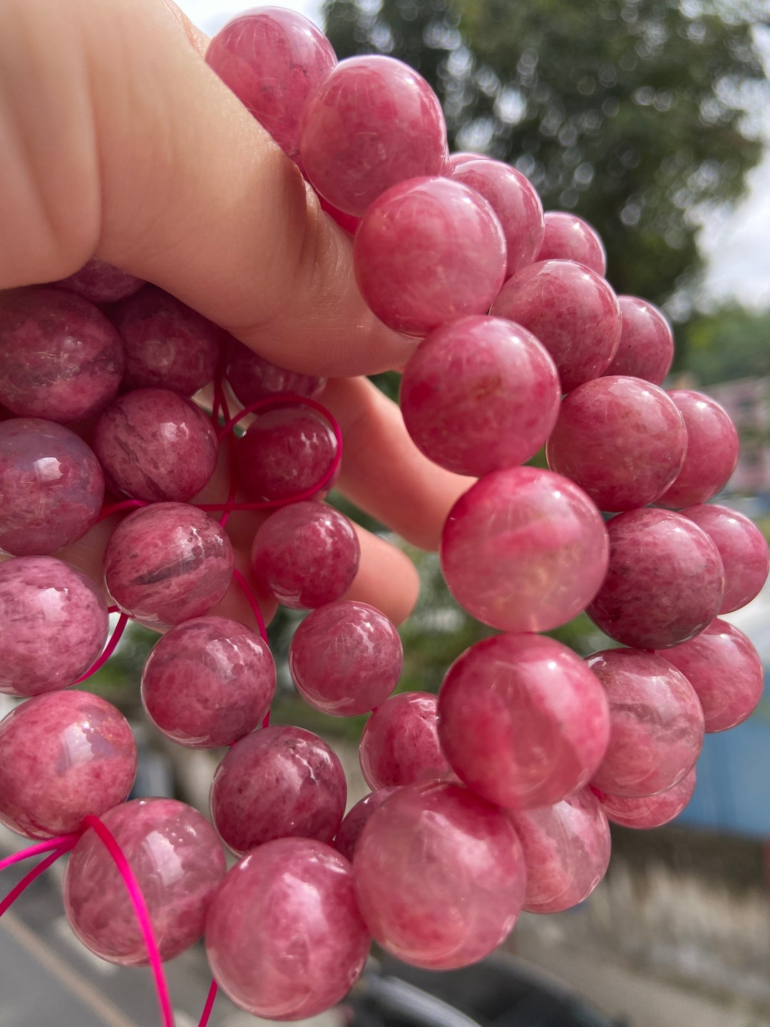 14mm Pink Rhodonite Bead Bracelet, Natural Brazilian Gemstone Jewelry ...