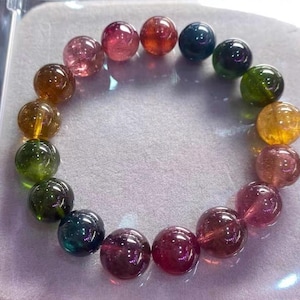 Pulsera de cuentas de turmalina arcoíris multicolor genuina de 11 mm, turmalina natural, regalo para mujer
