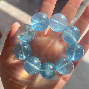 20mm Rare Natural Genuine Starlight Blue aquamarine beaded bracelet,women bracelet,men bracelet,High Grade Large size aquamarine bracelet
