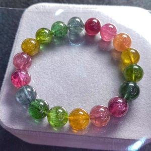 Pulsera de cuentas de turmalina arcoíris, auténtica y certificada, de 10 mm