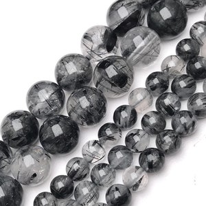 AAA Natural Tourmaline Quartz Loose Beads,Black Rutilated Crystal Quartz smooth round beads 4-12mm,semi-precious stone
