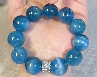 16mm Natural Genuine Unique Dark Blue aquamarine beaded bracelet,women bracelet,men bracelet,jewelry gift,Large Size aquamarine bracelet