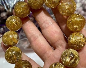 18.5mm Natural Genuine Golden Rutilated Quartz Beaded Bracelet,Top Grade gold Rutilated Quartz Beaded,healing energy stone bracelet,large