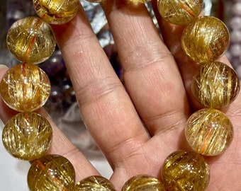 16mm Natural Genuine Golden Rutilated Quartz Beaded Bracelet,Top Grade gold Rutilated Quartz Beaded,healing energy stone bracelet,large