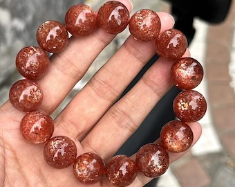 Arusha-zonnesteenarmband, gouden aardbeienkwarts, kralen van 14,5 mm