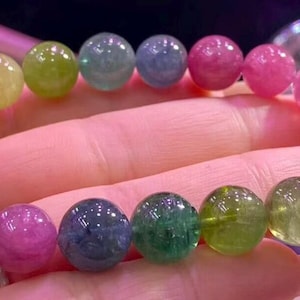 Pulsera de cuentas de turmalina arcoíris, piedra preciosa auténtica certificada (10 mm)