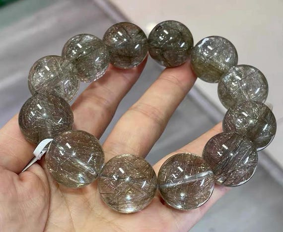 20MM Rutilated Quartz Crystal Bracelet, Natural Devil Silver