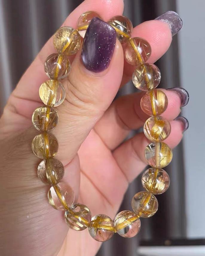 10mm Genuine Golden Rutile Quartz Titanium Crystal Beaded Bracelet